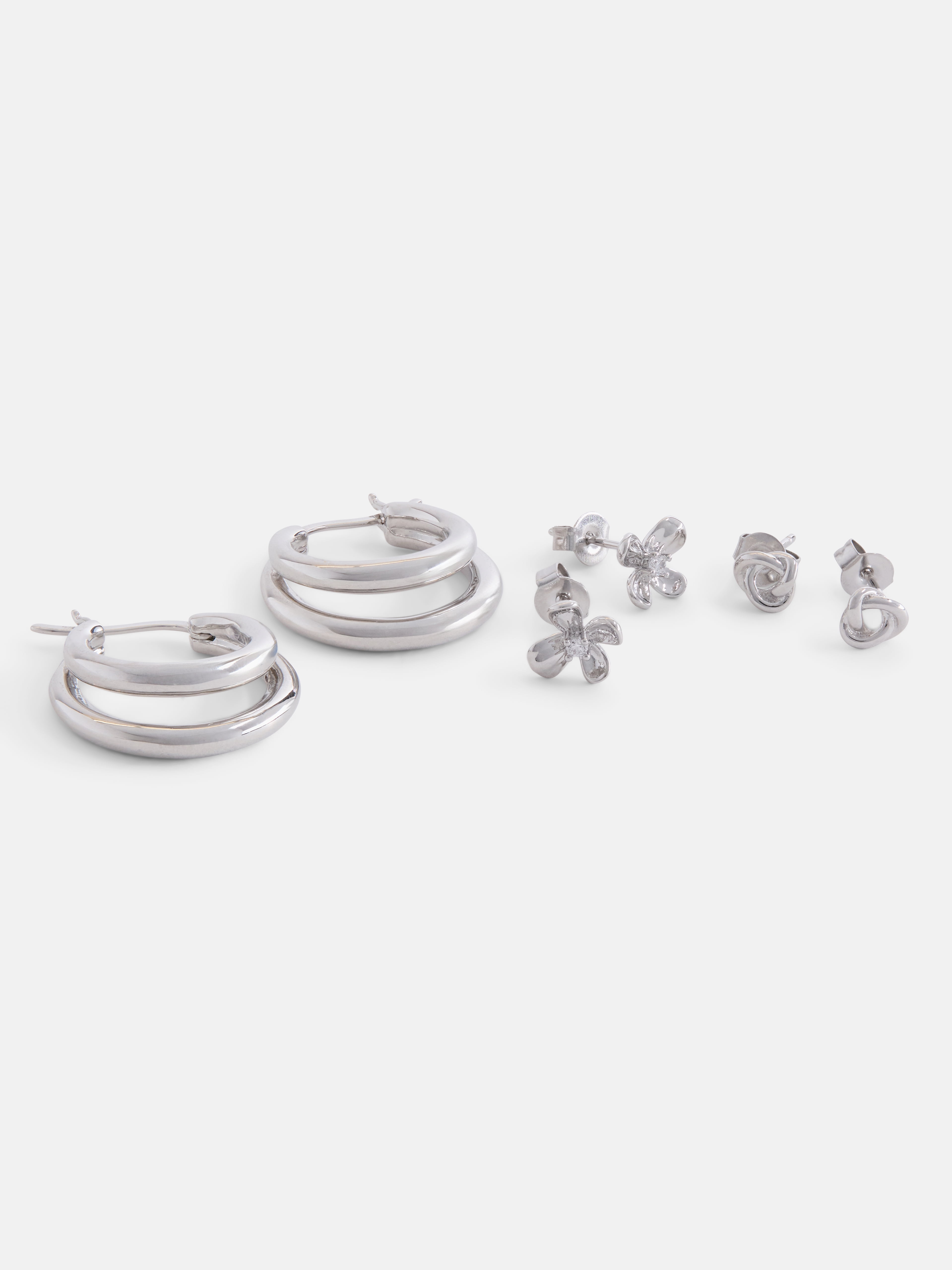 Free Assembly Women's Demi Fine Silver Plated Hoop and Stud Earring Set, 3-Pairs