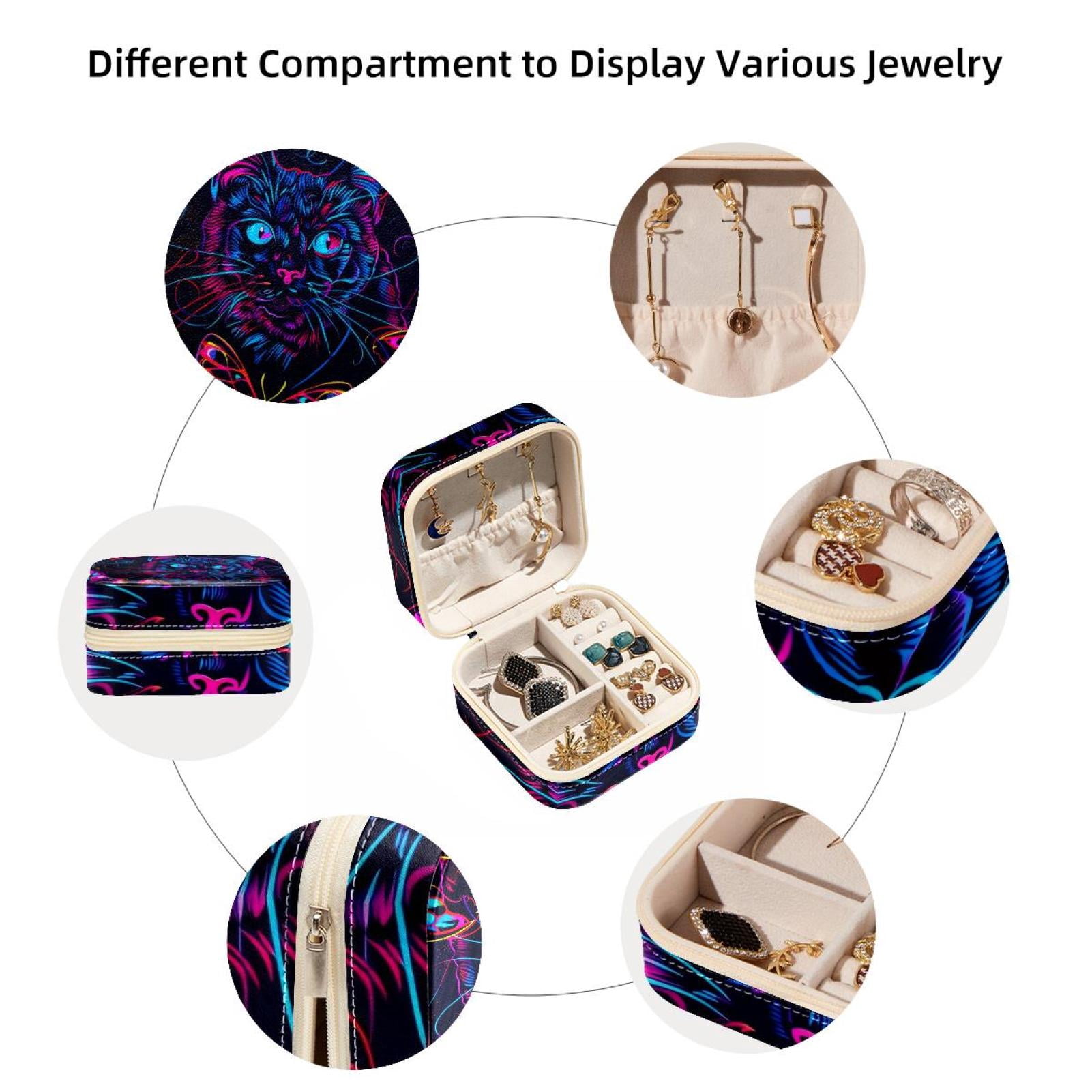 PhooArto Small Jewellery Box, Neon Cat Butterflies Pattern Portable Travel Mini Jewelry Case for Women Leather Ring Organizer