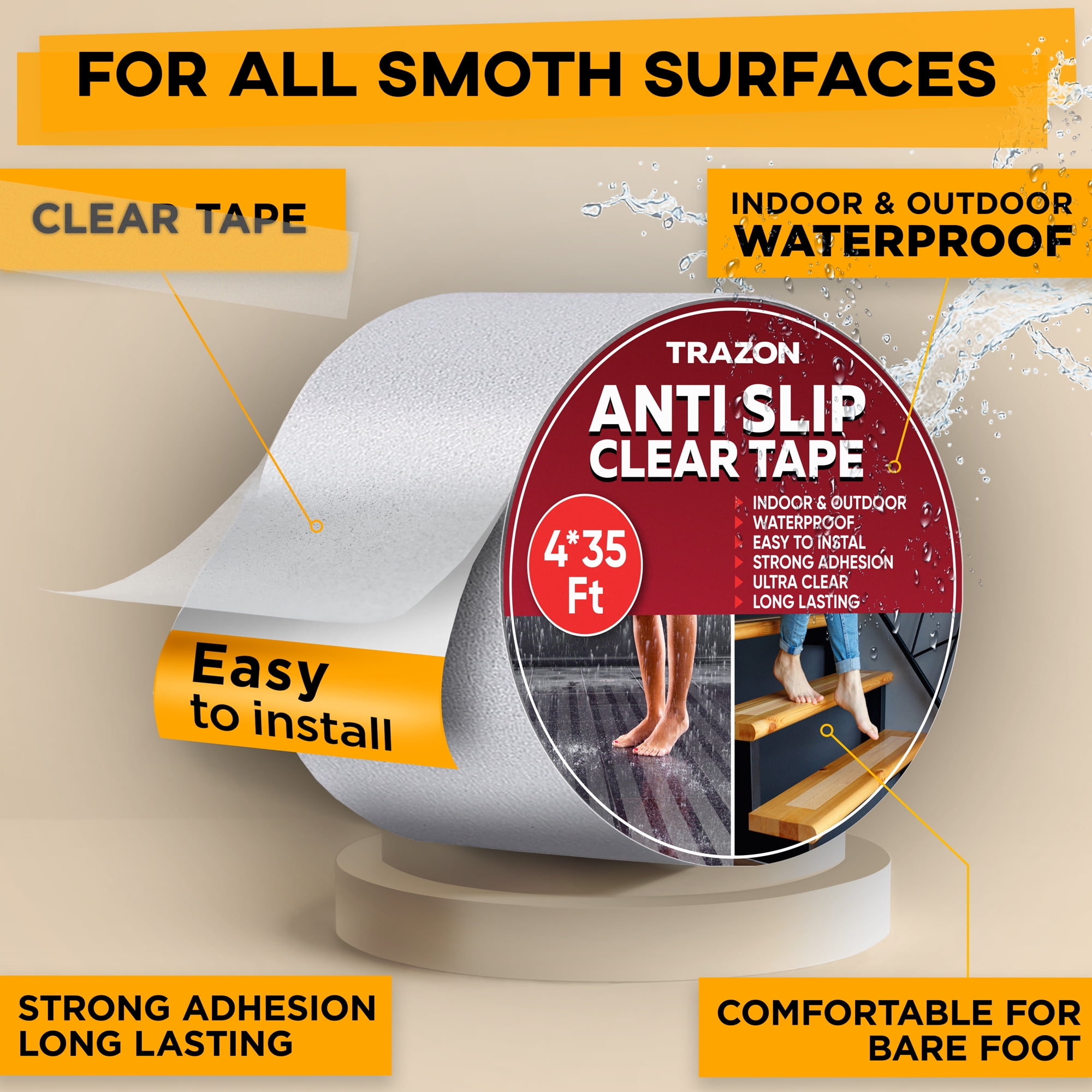 Trazon Clear Anti Slip Tape, 4 Inch x 35 Ft, Non-Slip, Waterproof, Safety for Stairs, Bathtub, Pool
