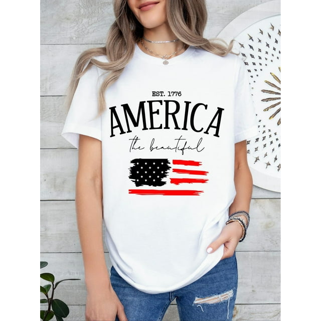 Camiseta de mujer Ropa de verano básicaAmerican Flag Print Crew Neck T-shirt, Casual Short Sleeve Top For Spring & Summer, Women's ClothingFather's Day, Mother's Day, New Year, Spring Festival, Vale