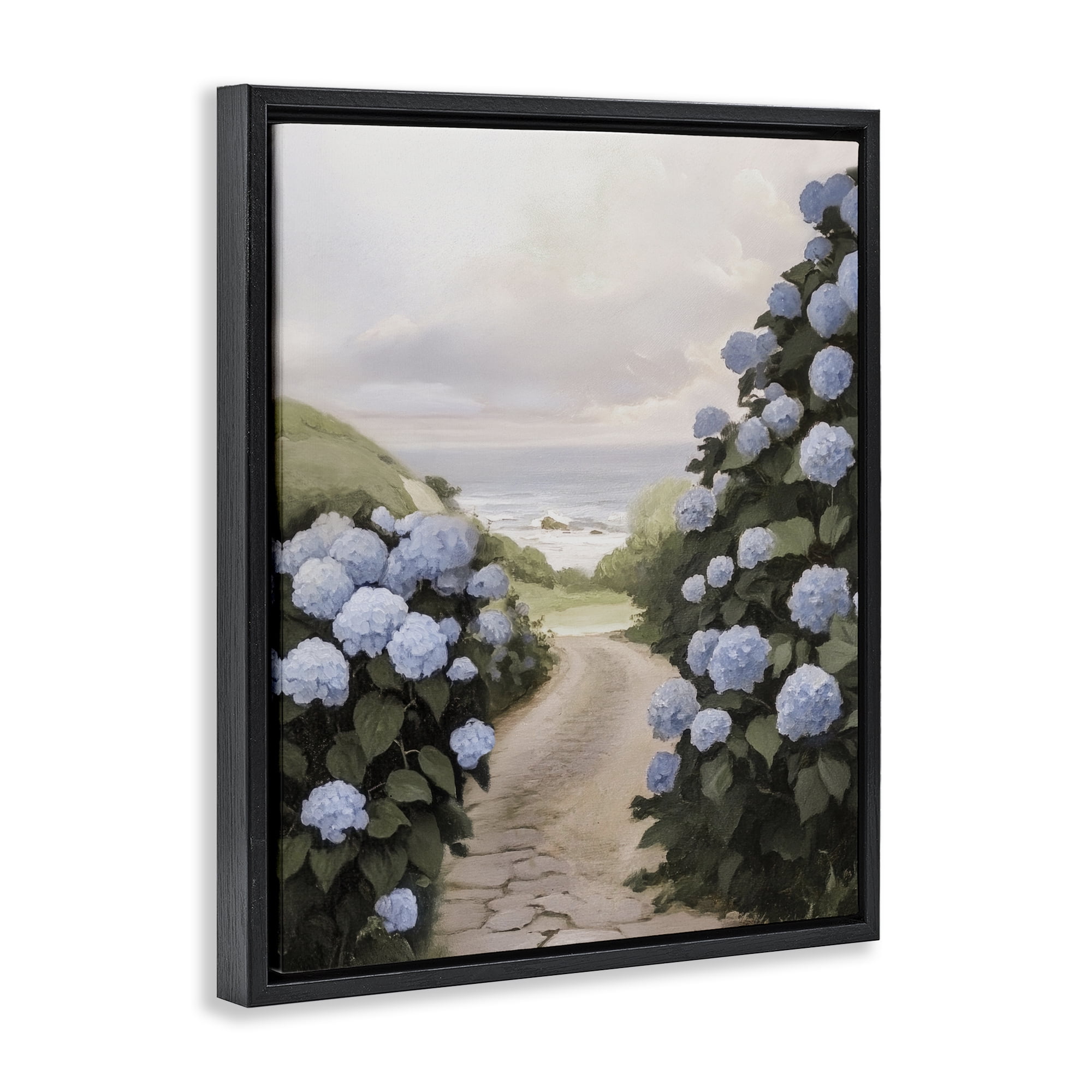 Stupell Industries Coastal Hydrangea Pathway Black Framed Floater Canvas Wall Art, design by Sisi and Seb