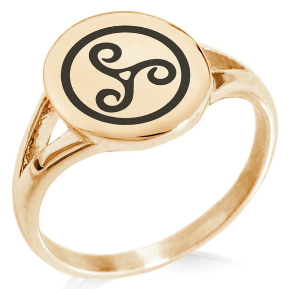 Stainless Steel Celtic Triskele Triskelion Minimalist Oval Top Polished Statement Signet Ring