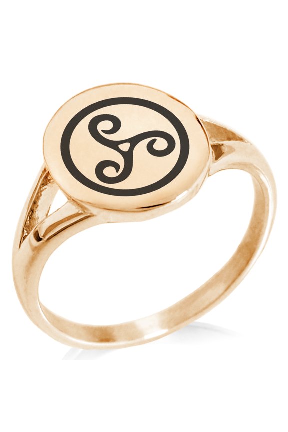 Stainless Steel Celtic Triskele Triskelion Minimalist Oval Top Polished Statement Signet Ring