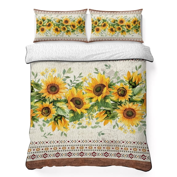 Twin Quilt Set 68''x86'', Sunflower Brown Lightweight Summer Bedspread Coverlet Set with 2 Pillow Shams, Retro Southwest Country Plant Leaf Floral Breathable All Season Quilt Bedding for Dorm/Bedroom