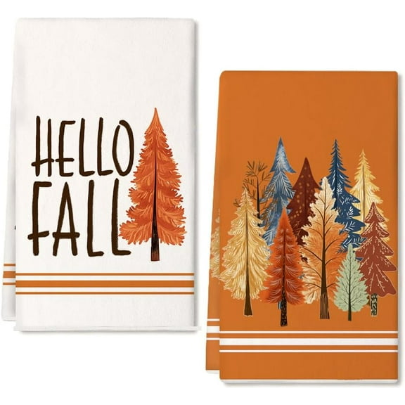 luyaa Hello Fall Kitchen Towels Set of 2,Orange Tree Autumn Dish Towels 18x26 Inch Drying Dishcloth,Thanksgiving Farmhouse Home Decorations AD390