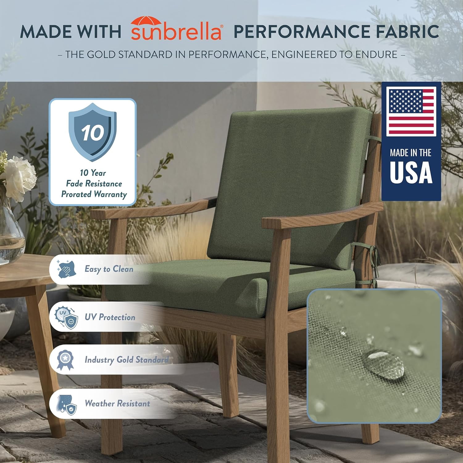 Outdoor Dining Chair Cushion 20x40 Inch Premium Memory Foam Spa Blue
