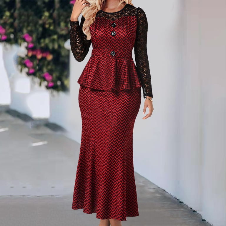 Women Autumn And Winter Sexy Round Neck Lace Suit Skirt Slim Long Sleeve  Top Mid Long Skirt Two Piece Suit - Walmart.com