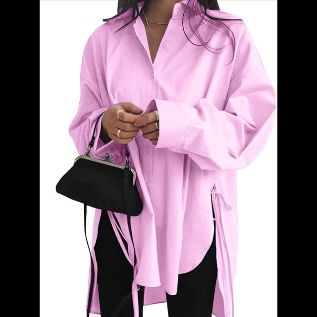 Camisas de Botones Extragrandes para Mujer, Blusas de Larga con Aberturas, Corte Alto y Bajo Rosa XL