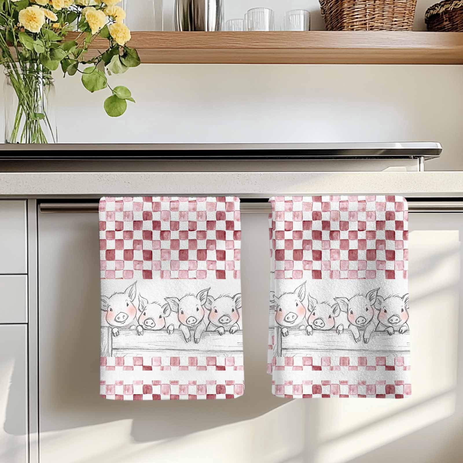 Red Plaid Farmhouse Kitchen Towels Set of 1, Watercolor Cute Country Pigs Checkered Absorbent Dish Towels for Kitchen, Microfiber Hand Towel, Quick Drying Tea Towel for Cleaning Decorative Dishcloths