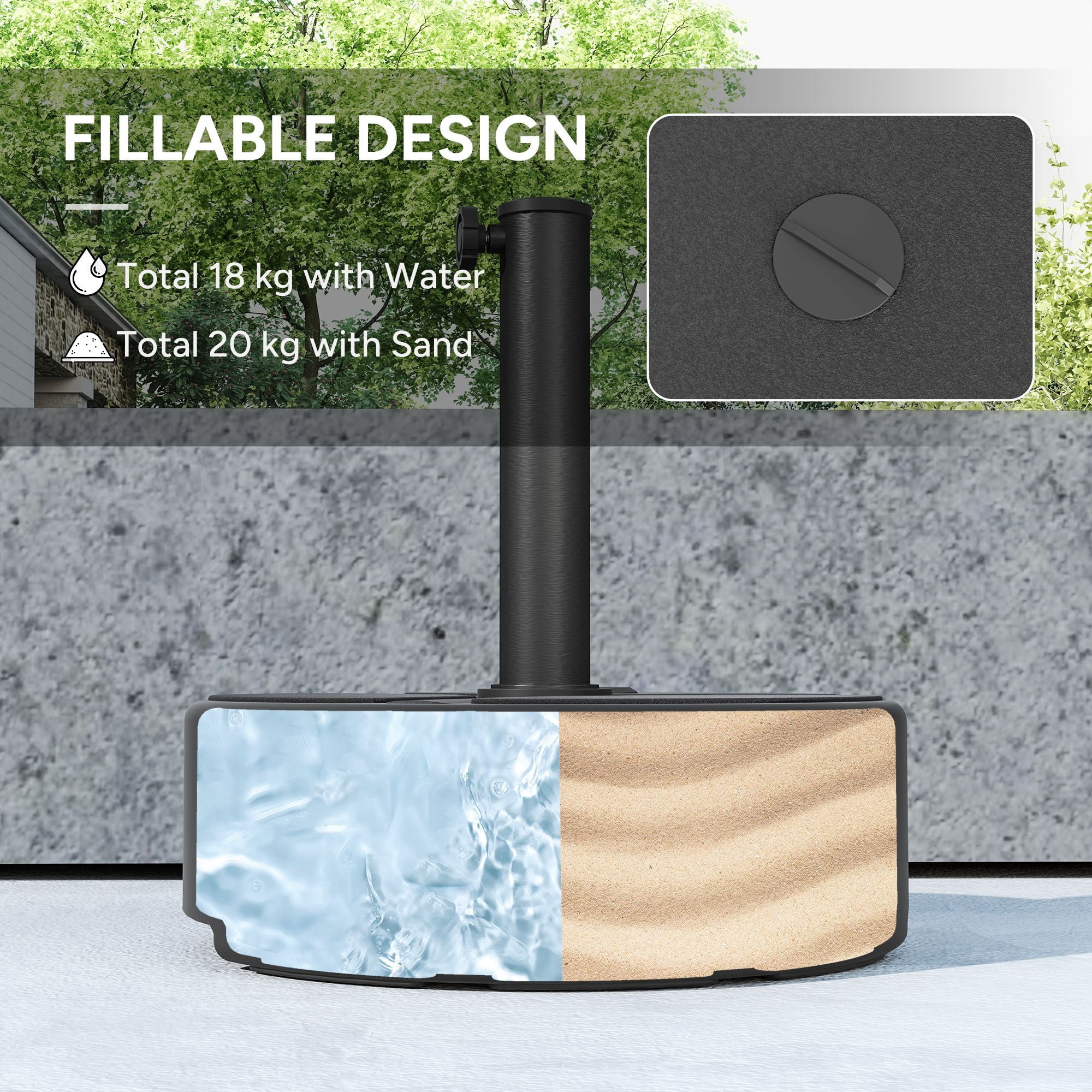 Dranite Round Patio Umbrella Base Holder, Heavy Duty Outdoor Umbrella Stand Base, Filled Up to 44lbs with Sand or 40lbs with Water for Garden, Poolside, Black