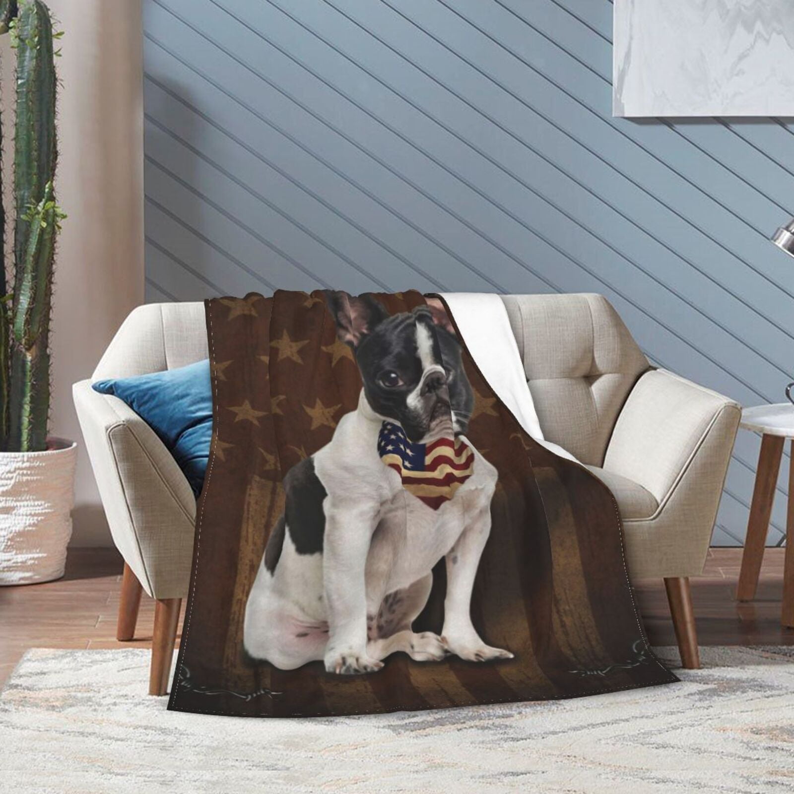 Wijzvio Boston Terrier Bulldog Dog With Vintage American Flag Throw Blanket Soft Fuzzy Fleece Blanket For Couch Bed Living Room Decoration 50"X40"