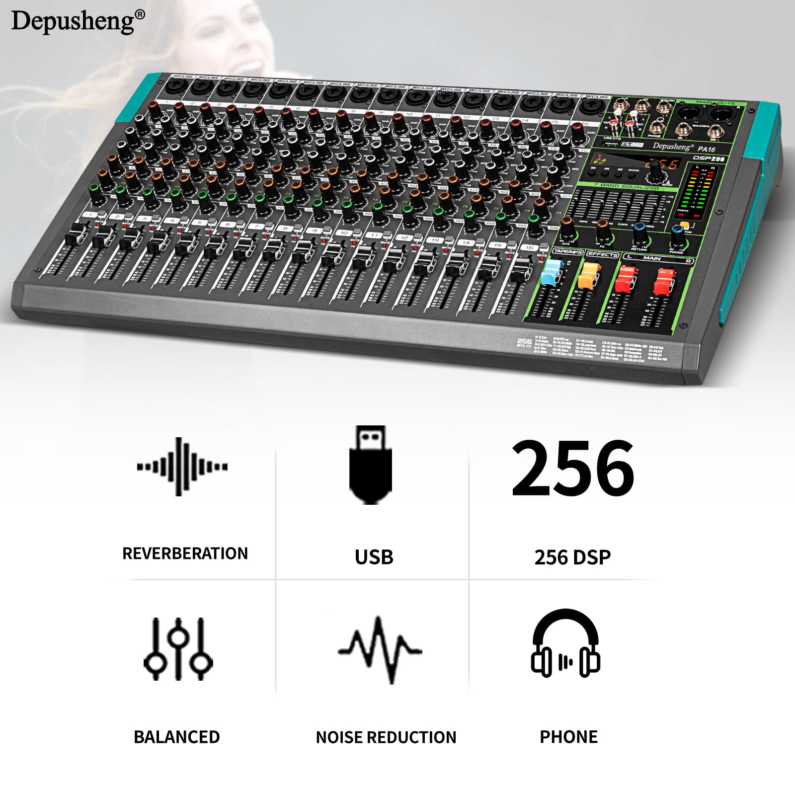 Depusheng PA16 Audio Mixer 16-Channel Mixing Console  48V 256DSP Reverb Effect Professional USB PC AUX Play Record Podcast Broadcast stage