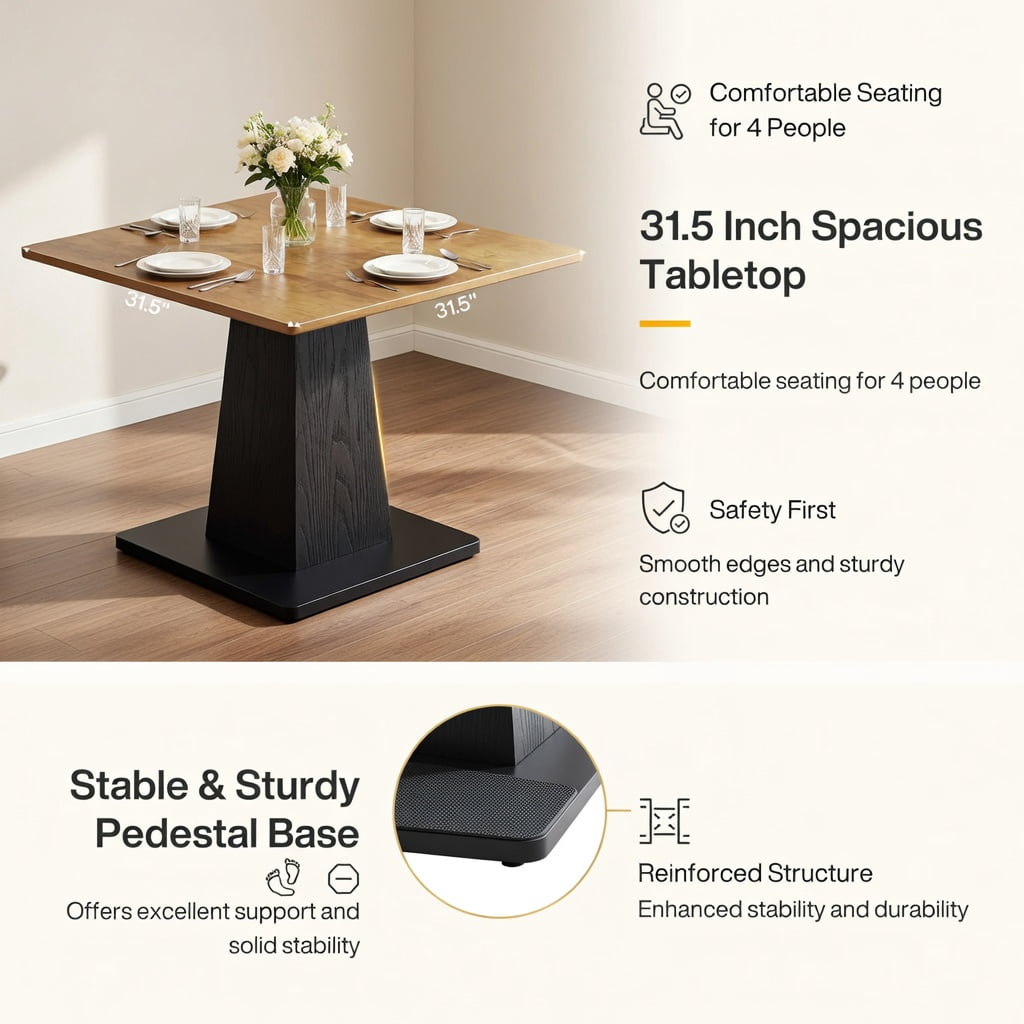Hommoo 31.5 Inch Square Farmhouse Dining Table for 4, Rustic Wood-Grain Top with Pedestal Base, Space-Saving Kitchen & Breakfast Nook Table, Black