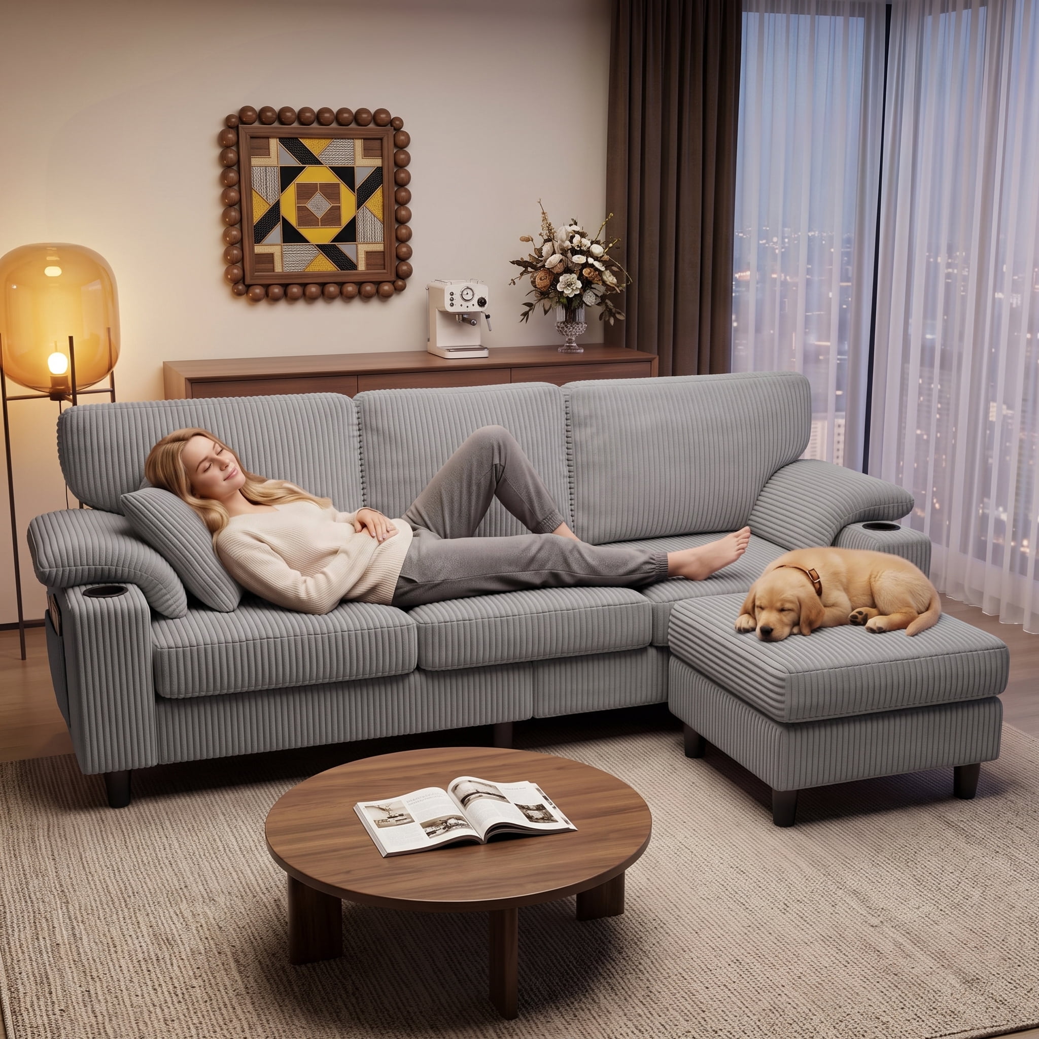 Anpport 80" L‑Shaped Corduroy Sectional Sofa, 3‑Seater Couch with Storage Ottoman, USB Port & Cup Holders for Small Spaces, Light Gray