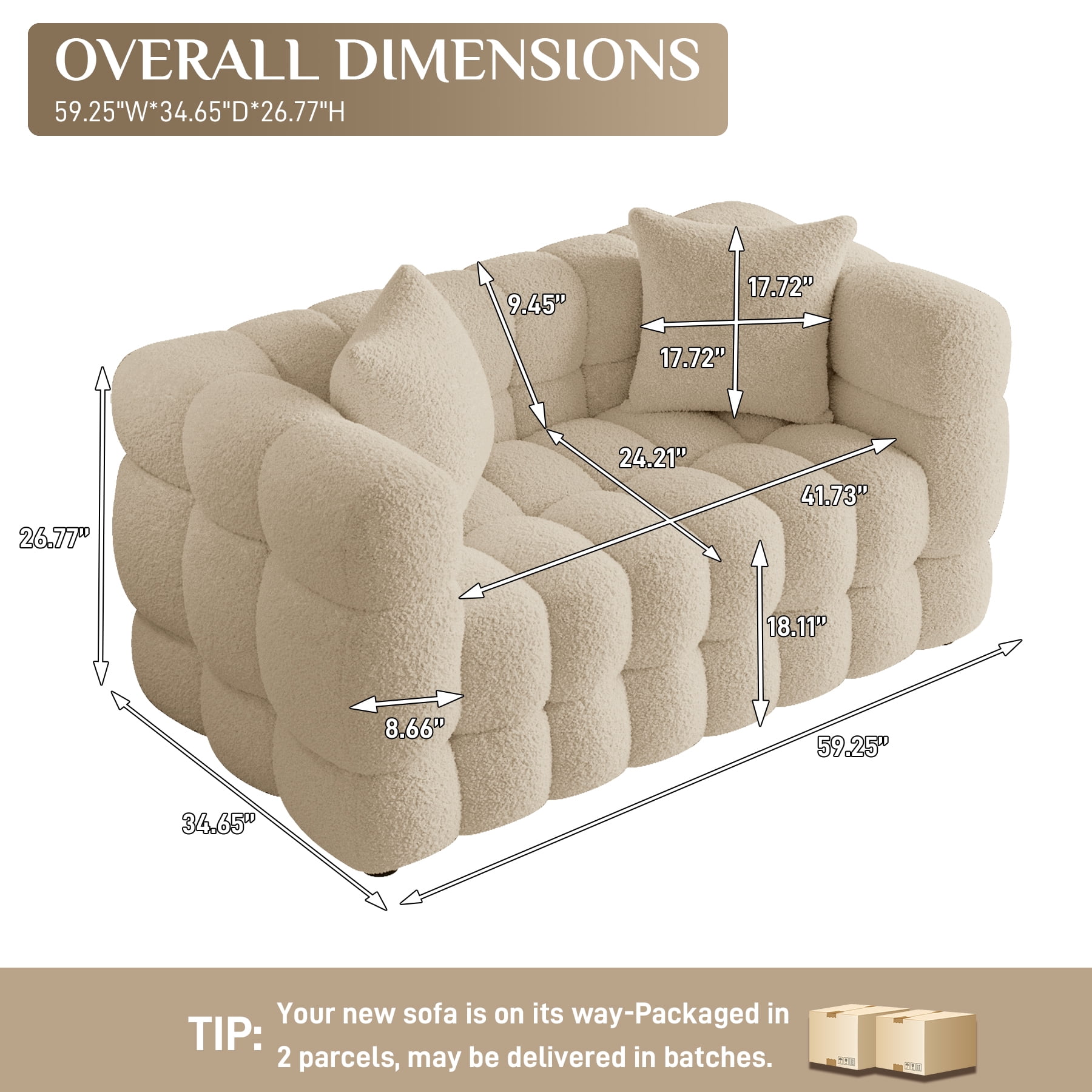 Wiilayok 59.1" Modern Tufted Upholstered 2 Seater Loveseat Sofa with 2 Pillows，Comfy Sherpa Deep Seat Cloud Couch, Small Love Seat for Living Room Apartment, Light Brown