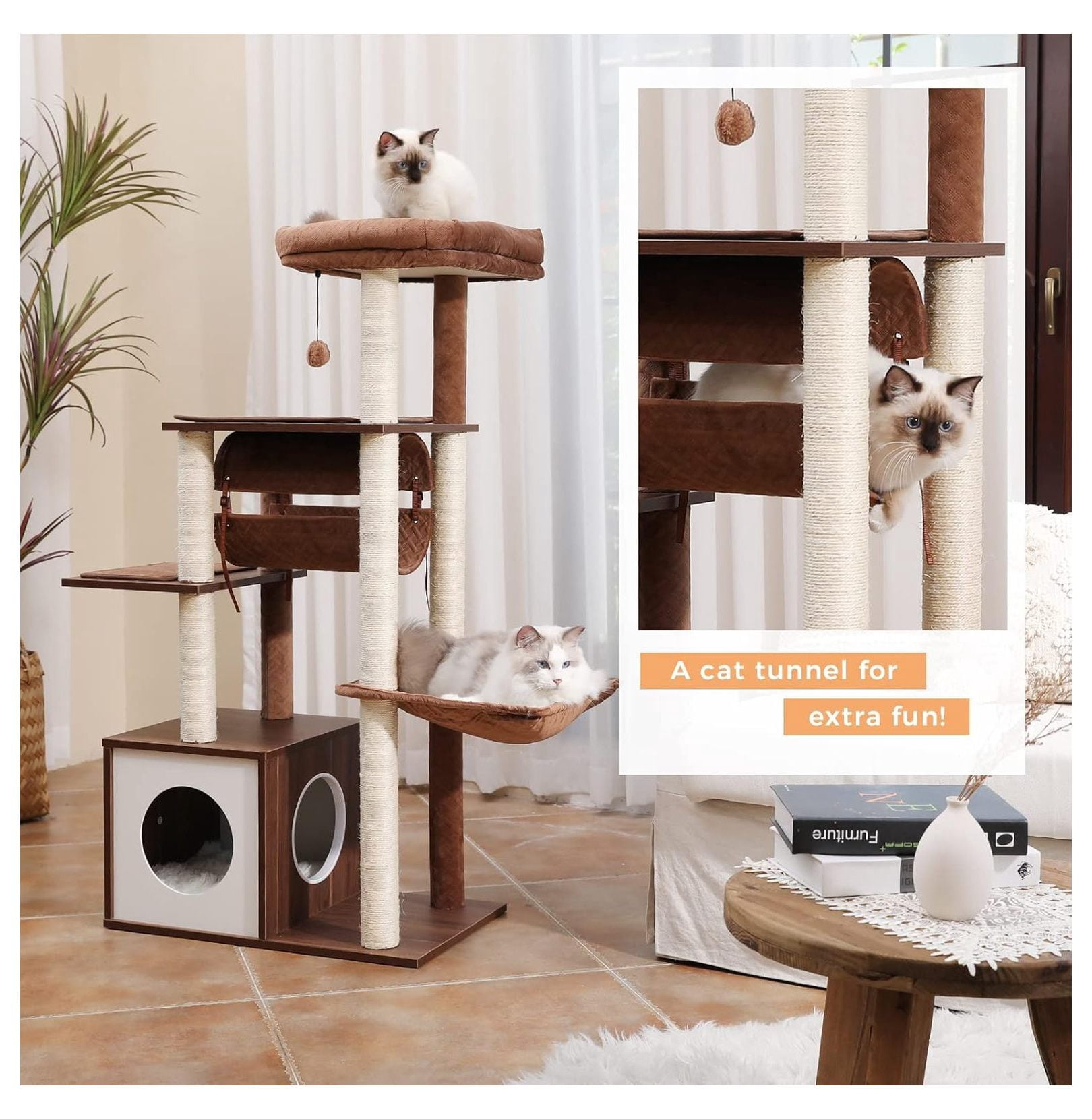 Cat Tree 51.4 Inch Modern Wooden Cat Tower, 6 Levels with Sisal Scratching Posts, Condo, Perch, Hammock & Tunnel - Brown