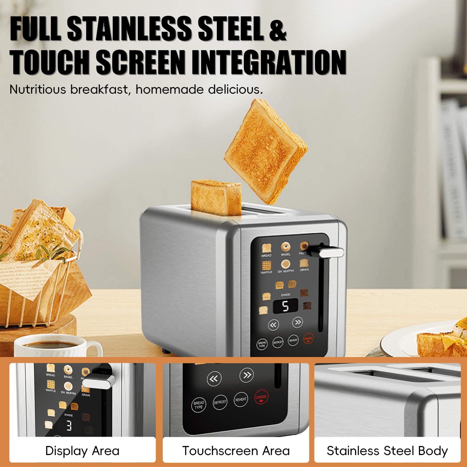 WHALLULTRA Touchscreen Toaster 2 Slice, Stainless Steel, 1.5 " Wide Slots, Bagel, Defrost, 850W