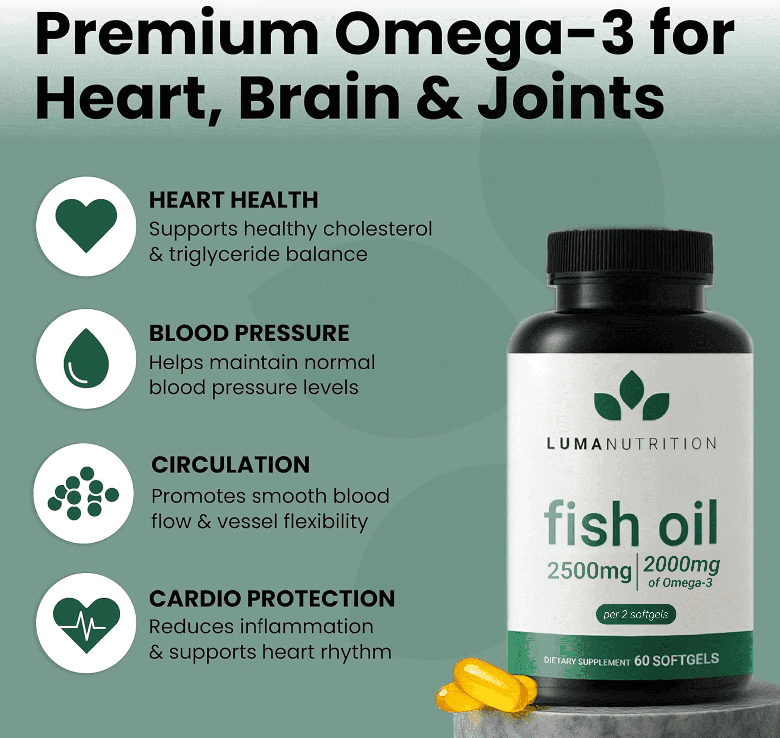 Luma Nutrition Omega 3 Fish Oil Supplement - Extra Strength 2500mg Per Serving - 2000mg EPA & DHA Per Serving - Brain and Heart Health - 60 Softgels, 30 Servings