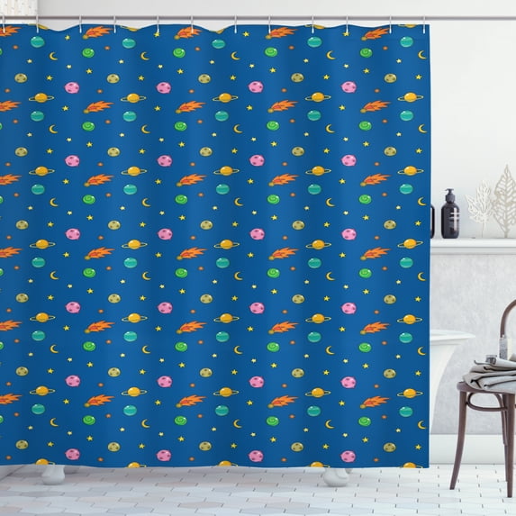 Outer Space Shower Curtain, Alien Planets Shooting Stars Saturn and Crescent Moon Universe Themed Cartoon, Fabric Bathroom Set with Hooks, 69W X 84L Inches Extra Long, Multicolor, by Ambesonne