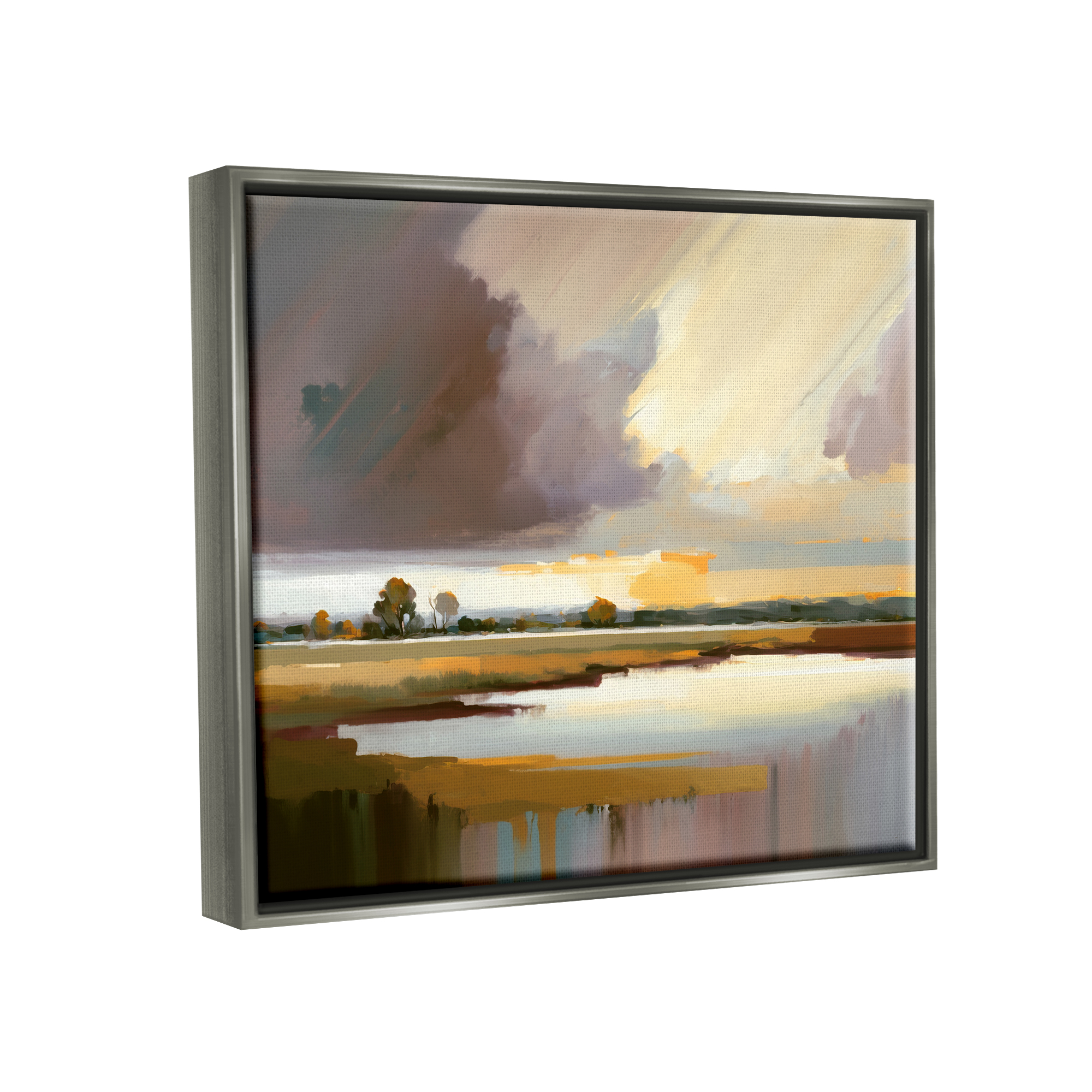 Stupell Industries Abstract Lake Painting Nature Painting Gray Floater Framed Art Print Wall Art, 31 x 25