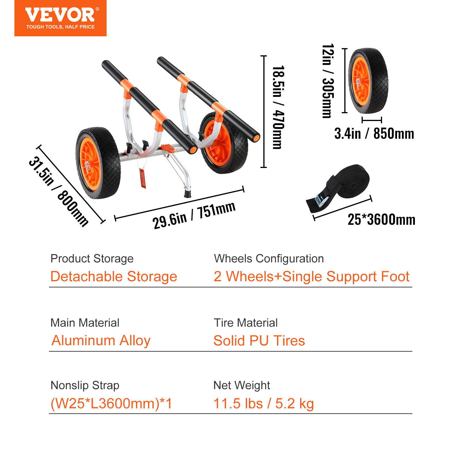 VEVOR Heavy Duty Kayak Cart, 450lbs Load Capacity, Detachable Canoe Trolley Cart with 12'' Solid Tires, Adjustable Width & Nonslip Support Foot, for Kayaks Canoes Paddleboards Float Mats Jon Boats