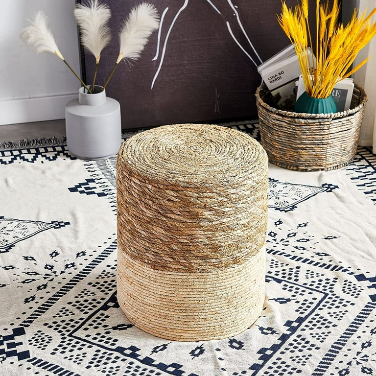 Ottoman Poof Natural Seagrass Poufs Hand Weave Round Footstool Pouffe Accent Chair Sitting Braided Footrest W Jute Cover Home Decorative Seat