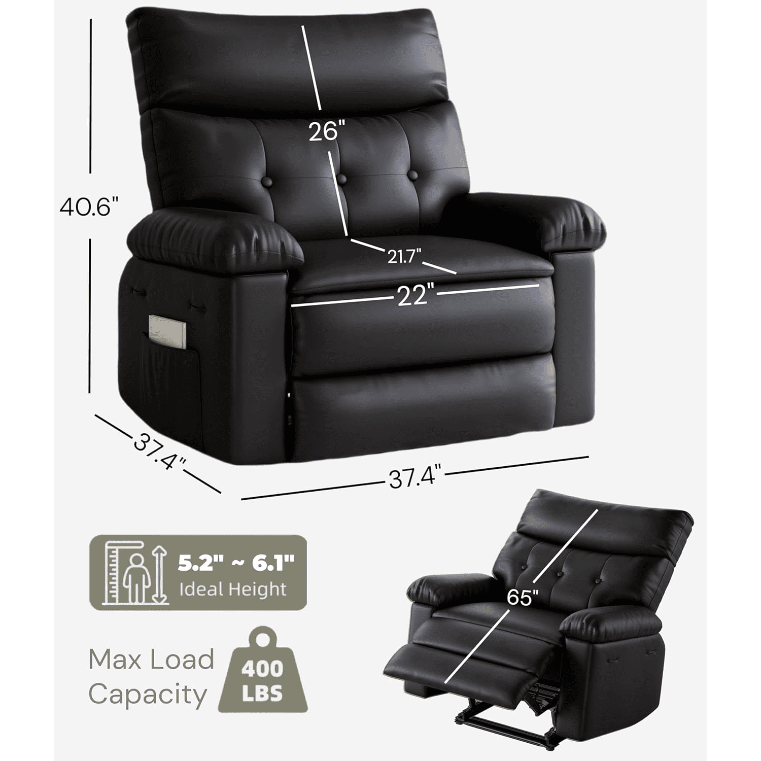 Oversized Manual Recliner Chairs for Adults, PU Leather Small Recliner Chair with 90° - 150° Adjustable Back,Lazy Boy Single Sofa Chairs for Small Space