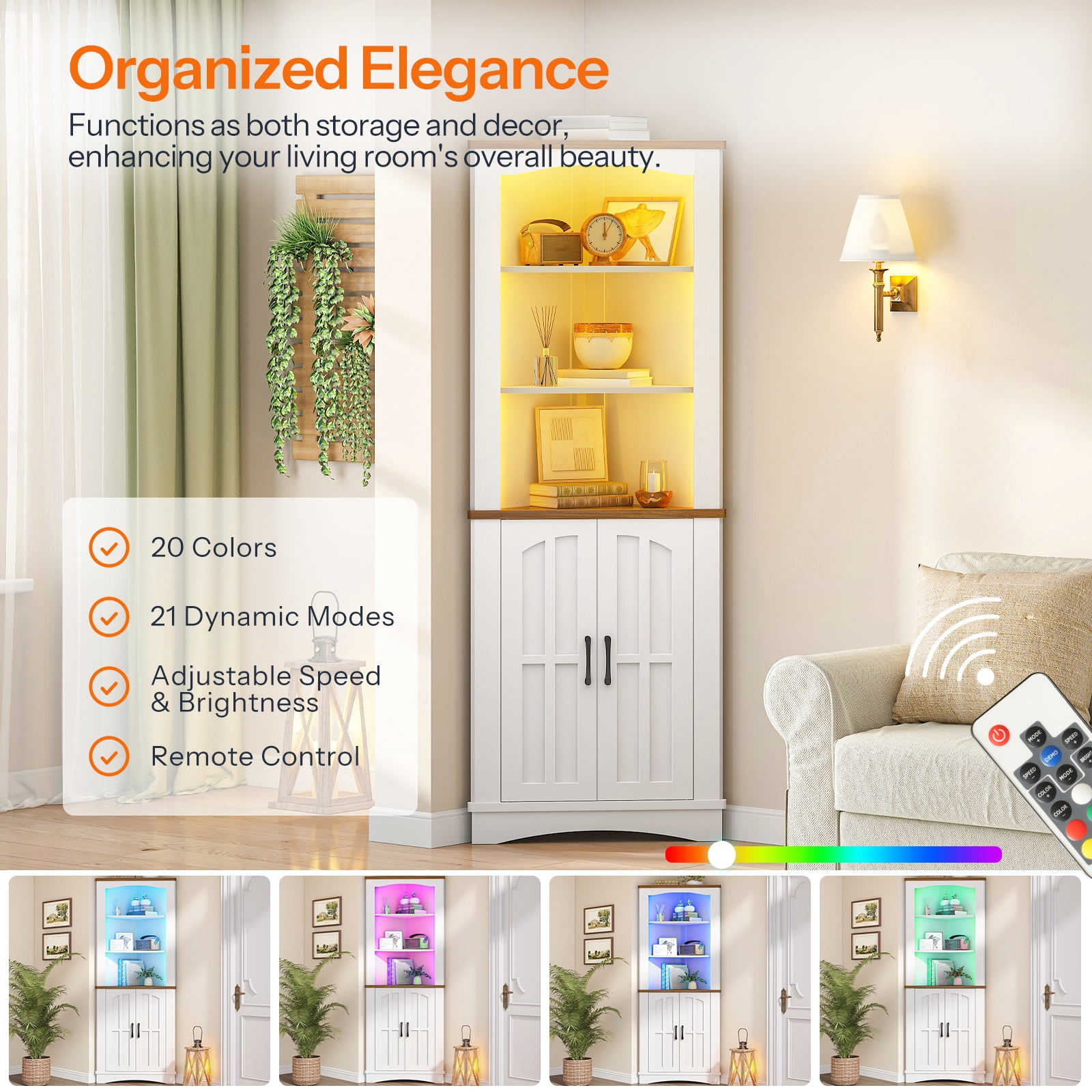 HOOBRO Corner Cabinet with LED Lights, 67" Tall Farmhouse Corner Storage Cabinet with Doors, 5-Tier Corner Shelf Bookcase, Bathroom Hutch, for Living Room, Kitchen, White and Walnut WH74DCJ01