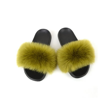 

Zodanni Women Fuzzy Slippers Color Block Fluffy Slides Furry Slipper Breathable Shoe Outdoor Lightweight Faux Home Shoes Grass Green 9.5-10