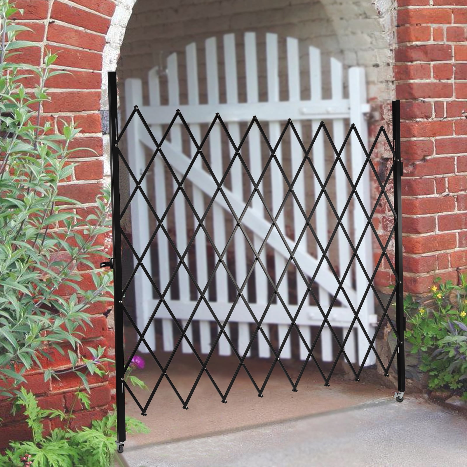 Fichiouy Folding Security Gate Retractable Gate with 360° Rolling Wheels Wall Mount Scissor Gate with Padlock for Garage Storefronts Parking Lots