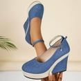 thumbnail image 2 of Blue Women High Heel Wedge Sandals Denim Waterproof Platform Thick Bottom Roman Style, 2 of 9