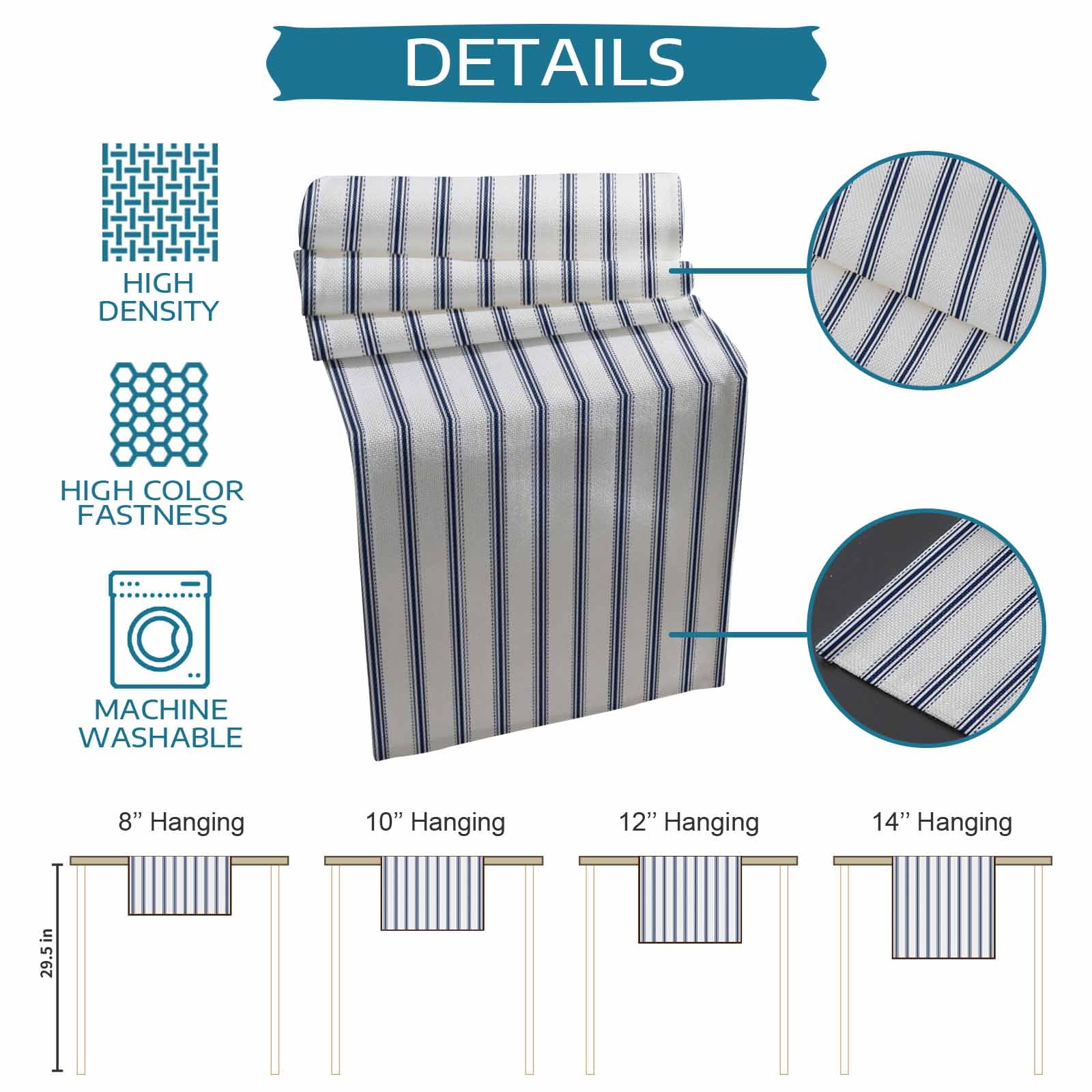 Navy Blue Striped Table Runner, Navy Blue White Stripes Farmhouse Washable Cotton Linen Table Runners 72 Inches Long, Dresser Scarf Runner for Dining/Coffee/Kitchen/TV Stands/Cabinets 13''x72''