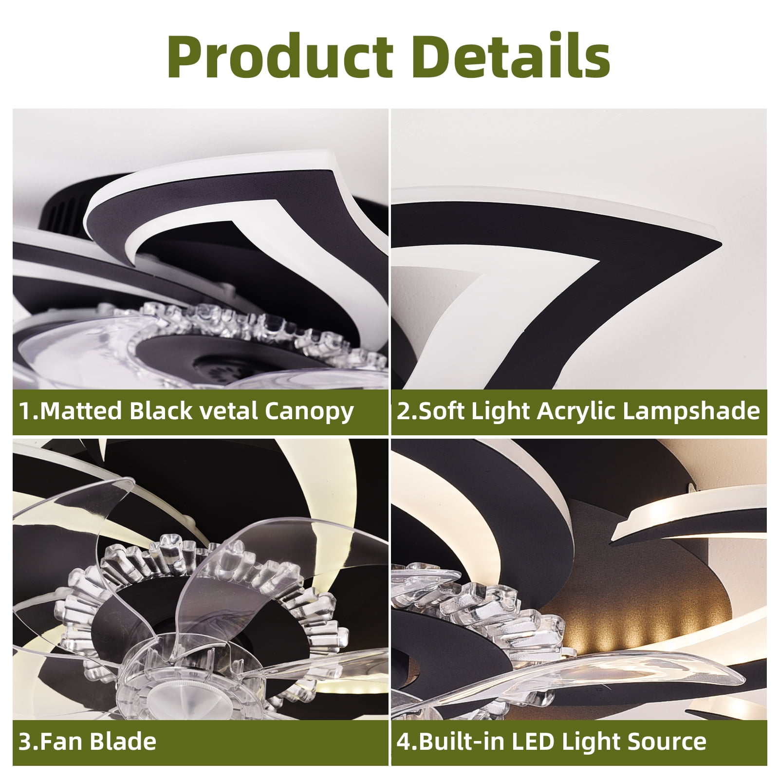 JLPAN Ceiling Fan with Lights Remote Control, Modern Dimmable Flower Shape,6 Speeds 3 Light Color Flush Mount Ceiling Fan for Kitchen Bedrooms, Black