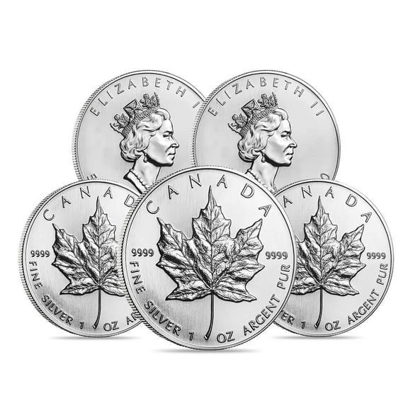 Lot of 5 - 1990 1 oz Silver Canadian Maple Leaf .9999 Fine $5 Coin BU (Sealed)