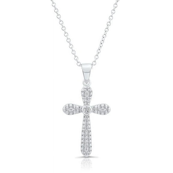 Sterling Silver Cubic Zirconia CZ Cross Pendant Necklace, 18''