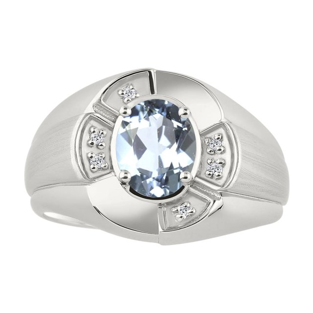 RYLOS Sterling Silver Ring 8X6MM Oval Gemstone & Diamond Unisex Rings Aquamarine March Birthstone Ring Size 9