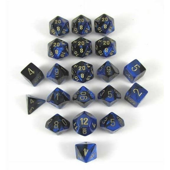Black and Blue Gemini Dice with Gold Numbers 16mm (5/8in) Pack of 20 Chessex