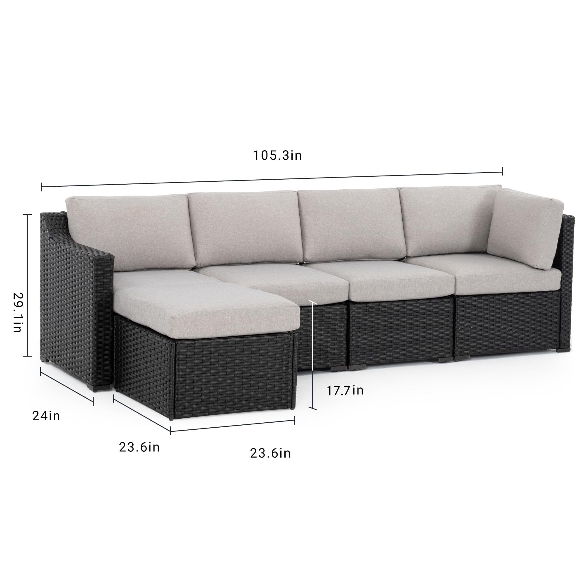 5 Piece Patio Conversation Set, All-Weather PE Rattan Wicker Outdoor Sectional Sofa Set, Modular Patio Furniture with Cushions for Backyard, Deck, Porch, Balcony, Poolside (Brown/Grey)