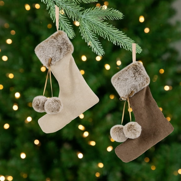 Northlight Plush Stockings Christmas Ornaments -  7.5" - Beige and Brown - Set of 2