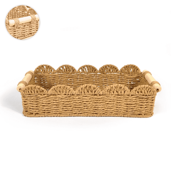 Woven-Style Storage Basket With Handles for Home Organization and Serving – Decorative Woven Look Tray for Living Room Kitchen or Dining Area