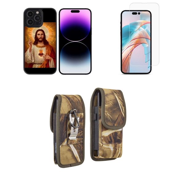 Bemz Phone Case for iPhone 15 Pro Max Bundle with Lightweight Shockproof Scratch Resistant UV Print Protective TPU Cover, Screen Protector, Vertical Nylon Belt Holster Pouch (Jesus Christ)