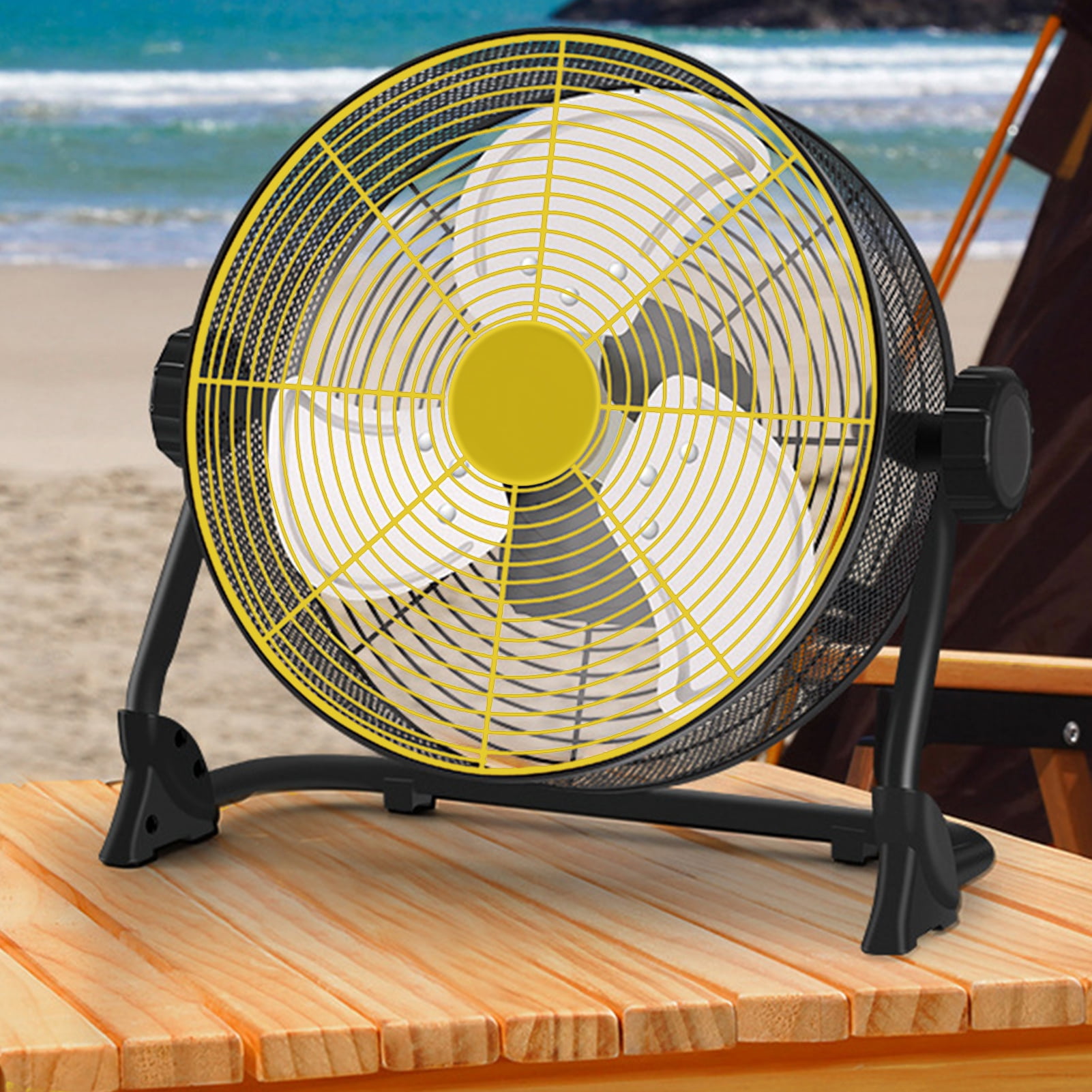 QuickGo 12-inch portable cordless metal blade High Speed Outdoor fan - industrial-style rechargeable floor fan for camping, travel, patio and indoors