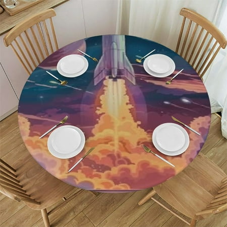

Ollo0ord Rocket Round Fitted Tablecloth with Elastic Edge Fitted Table Cloth for Round Table Circular Table Cover Waterproof Wipeable Round Elastic Table Cloth 38 -42