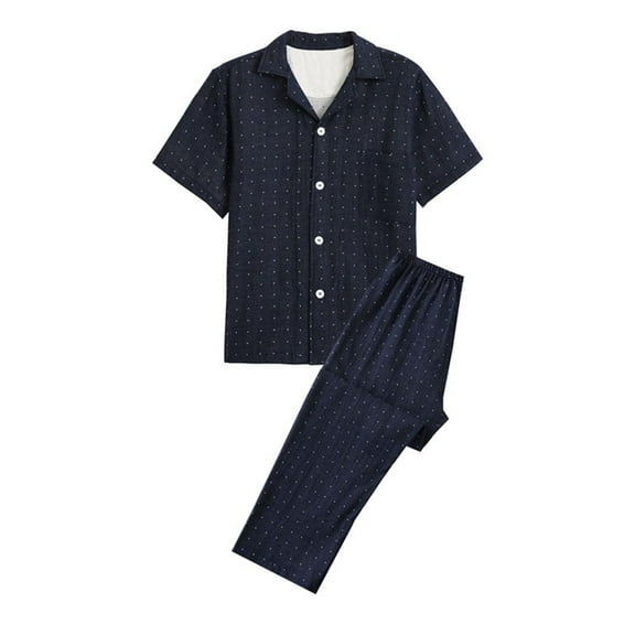 Hvyesh Summer Cotton Pajama Set for Men Casual Sleepwear Nightwear 2 Piece Sets Cozy Short Sleeve Button Downs Tops Trousers Pajamas Suits