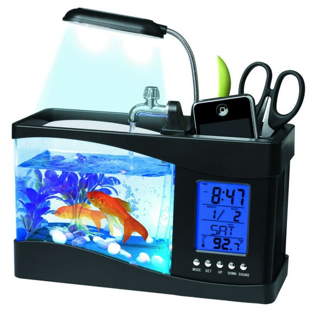 Mini acuario multifuncional con USB, lámpara LED, pantalla LCD, reloj y caja de almacenamiento.