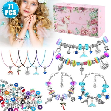 Celectogo DIY Charm Bracelet Making Kit – 71 Pcs Jewelry Craft Set with Unicorn & Mermaid Charms, Perfect Christmas & Holiday Gift for Girls Ages 7-12