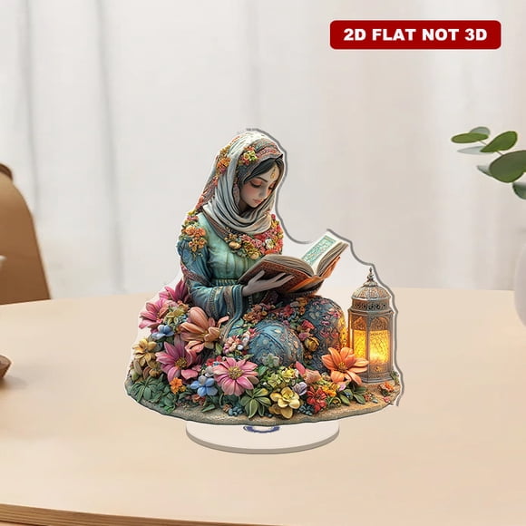 Ornement Acrylique Rotatif avec une Déesse Ramadan Lisant le Coran avec Éclairage Chaud de Couleurs Vibrantes et Détails Complexes Célébrant l'Esprit de Ramadan