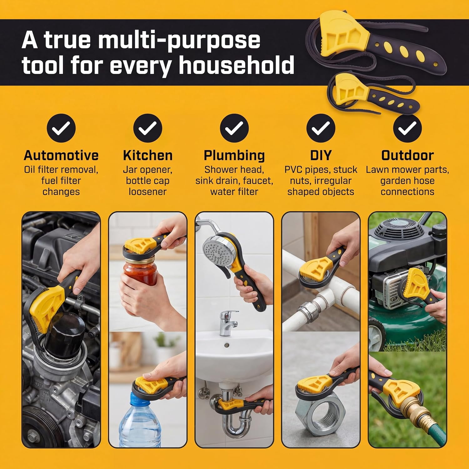 MKEUDQ-2-Pack Rubber Strap Wrench Set – 4" & 6" Adjustable with TOOTHED GRIP – Oil Filter Wrench, Jar Opener, Plumbing Tool for Sink, Shower Head, Water Filter