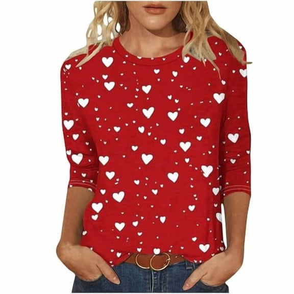Womens Valentine's Day Print T Shirt for with Three Quarter Sleeve Casual Fit Blouse Top Pullover