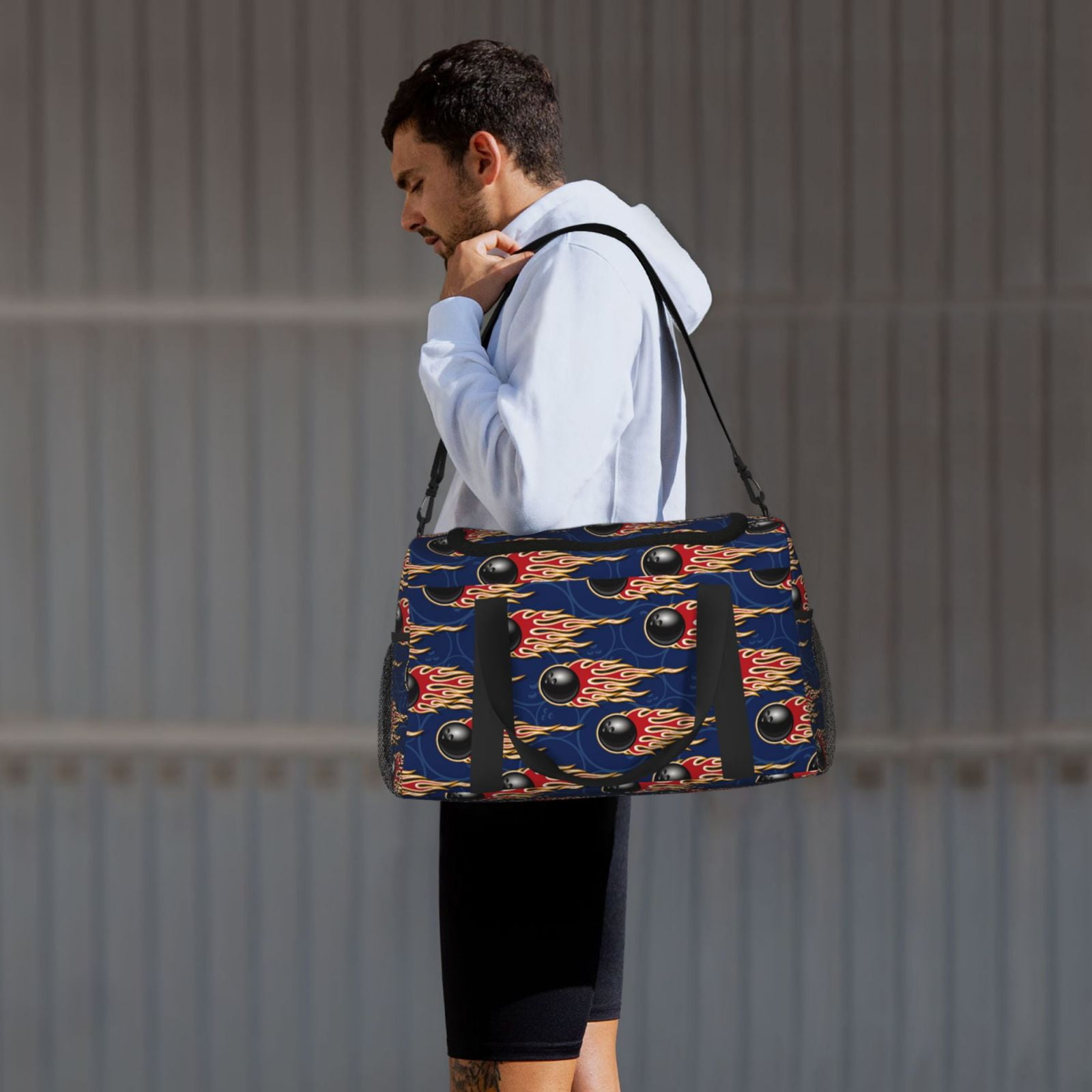 Defioc Bowling Ball And Flame Print Hand Travel Bag - Foldable Travel Duffel Bags for Men Women -Sport Gym Bag - Overnight Travel Duffel Bag - Adjustable Shoulder Strap